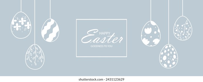 Banner web de Pascua con guirnalda de huevos de Pascua vintage sobre fondo azul con lugar para texto. Feliz Pascua. Guirnalda con siluetas de huevos vintage suspendidos en cuerdas.