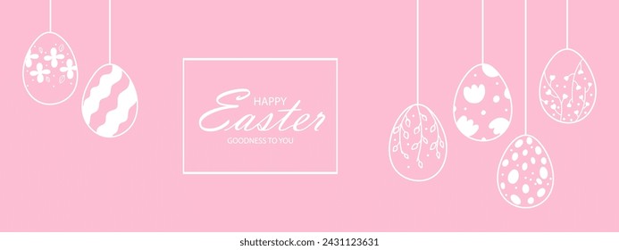 Banner web de Pascua con guirnalda de huevos de Pascua vintage sobre fondo rosa con lugar para texto. Guirnalda con siluetas de huevos vintage suspendidos en cuerdas.