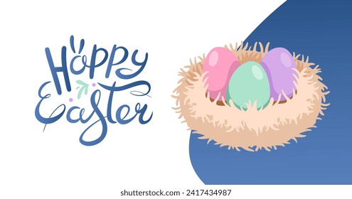 Banner web de Pascua con letras dibujadas a mano. Aves suaves anidan con huevos de colores para Pascua. Banner de bienvenida horizontal simple. Fondo festivo para invitaciones. Ilustración plana vectorial.