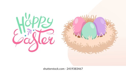 Banner web de Pascua con letras dibujadas a mano. Aves suaves anidan con huevos de colores para Pascua. Banner de bienvenida horizontal simple. Fondo festivo para invitaciones. Ilustración plana vectorial.