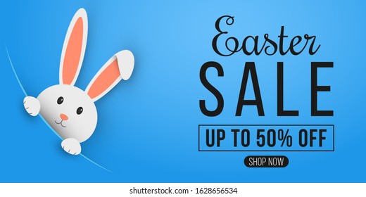 Easter web banner for sale. Template for your project. Cartoon cute bunny looking out of a cut hole. Vector illustration. EPS 10