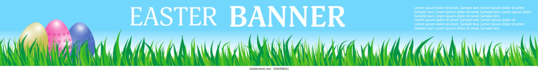 Easter web banner templates standard size. Paschal template with eggs, grass and sky. Design for website. Vector illustration.