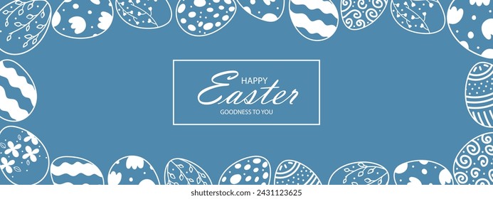 Banner web de Pascua con huevos de Pascua vintage a lo largo del contorno sobre fondo azul con lugar para texto en el centro. Marco con siluetas de huevos de Pascua vintage.