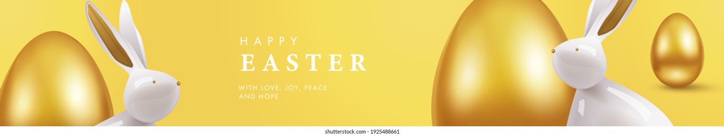 Easter website long horizontal banner, holiday cover, poster, flyer design in 3d realistic style with golden eggs and white rabbits. Modern 3d minimal design for social media, sale, advertisement, web