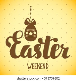 Easter Weekend. Easter Hand Lettering. Easter Egg With Bow Hanging On A String Of Beads.