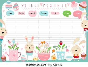 Easter weekly planner with cute easter bunny, sweets and eggs in doodle cartoon style. Kids schedule design template. Vector illustration.