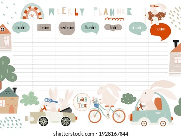 Easter weekly planner with cute easter bunny, cars and rainbow in boho style. Kids schedule design template. Vector illustration.