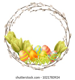 Easter wheath made from willow branches, colored easter eggs and tulip flowers. Vector illustration isolated on white background