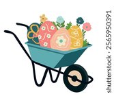 Easter Wheelbarrow with Easter eggs, greenery, leaves, for design, vector