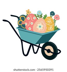 Easter Wheelbarrow with Easter eggs, greenery, leaves, for design, vector