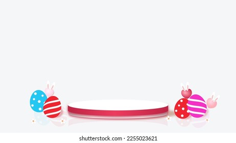 Easter white 3D room with realistic pedestal podium. Minimal scene for product display presentation. Stage for showcase. Vector geometric design platform.
