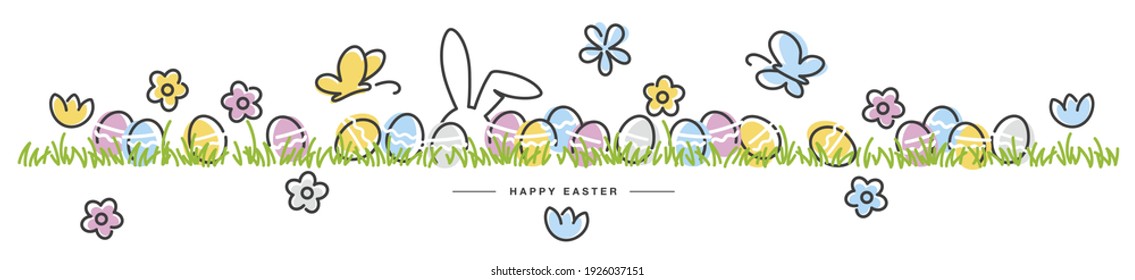 Easter white background with butterfly, rabbit and spring flowers colorful eggs in green grass pattern