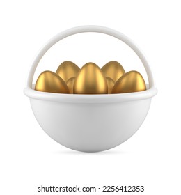 Easter white basket with painted golden chicken eggs 3d icon decor element realistic vector illustration. Premium religious holiday creative minimalist decorative design culture spiritual glossy gift