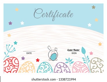 Easter white blue certificate with bunny, multicolored ornamental eggs. Pastel colors