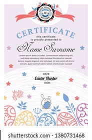 Easter white blue certificate with bunny, multicolored ornamental eggs. Pastel colors