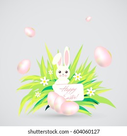 Easter white bunny cartoon cute illustration and eggs
