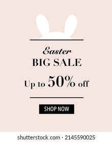 Plantilla de diseño de oído del conejito blanco de Pascua. Oferta Especial de Pascua Feliz Cartel de Venta Grande. Ahorre hasta un 50% de descuento. Uso para web, publicidad, afiche, volante. Ilustración de vectores aislados de vacaciones planas.