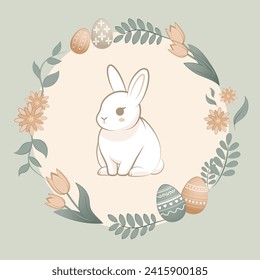 Сute Easter white bunny on the background of spring plants and Easter eggs. Tulips, flowers, green color, peach color. 