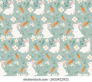 Easter white bunny seamless pattern pale green background