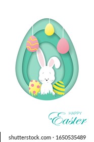 Easter white card with paper bunny. Easter illustration in paper style, shadow, vector. Easter background. Easter bunny with eggs. Vector illustration