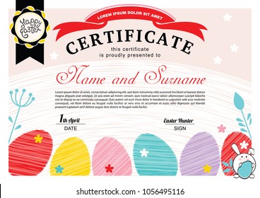 Easter white certificate with bunny, multicolored eggs