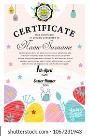 Easter white certificate with bunny, multicolored eggs