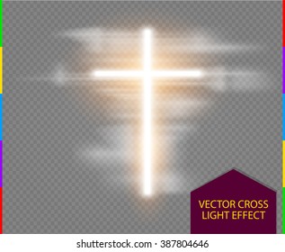 Easter white christian cross light effect for you design isolated on transparent background. Glow motion style vector illustration