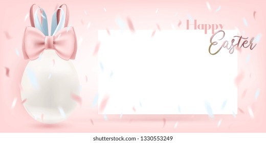 Easter White Egg with Bunny Bow and blanc card on the pink background. Template for warm greeting