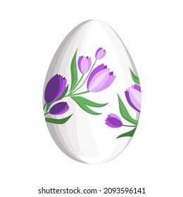 Huevo blanco de Pascua decorado con tulipanes morados, aislado en un fondo blanco.El huevo vectorial se puede usar en diseños de Pascua.