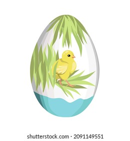 Easter white egg decorated with yellow chicken and green grass, isolated on a white background.Vector illustration can be used in Easter designs.