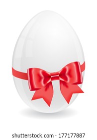Easter white egg with red bow and ribbon isolated on white background. Vector illustration