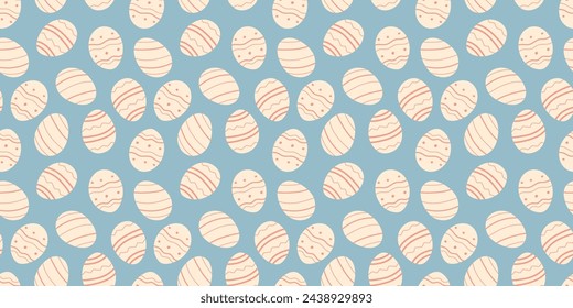 Easter white Eggs minimalist seamless pattern on blue background. Simple hand drawn vector design with decorated holiday eggshell. Backdrop for fabrics, wrapping or wallpapers.
