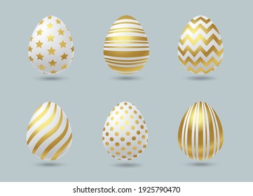 Easter white eggs set. Eggs with Luxury gold ornament. Spring holiday. Realistic vector illustration on blue background. Design elements For greeting card, poster, flyer, web banner, social media.