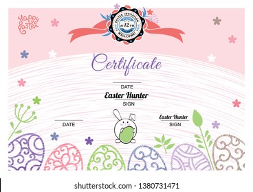 Easter white pink certificate with bunny, multicolored ornamental eggs. Pastel colors
