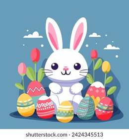 Easter white rabbit among painted brightly colored eggs sitting in bushes. Flat illustration for Easter holiday on blue background. 