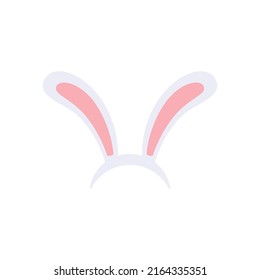 Easter white rabbit ears on headband, flat vector illustration isolated on white background. Easter bunny festive costume piece or photo booth asset for video app.