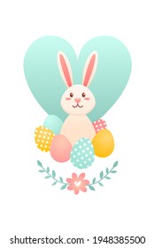 Easter white rabbit with eggs on heart background. The cute little bunny on white backgound. The easter concept, spring mood. Stock flat vector illustration for web and print.