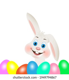Retrato de conejito de carnero blanco de Pascua con orejas colgantes y coloridos huevos de Pascua,
Ilustración del vector aislada en fondo blanco
