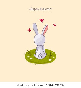 Easter white rebbit.  Hand drown flat vector poster.