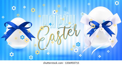 Easter white shiny eggs with blue silk bow and floral confetti on stripe background