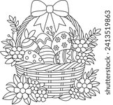 Easter wicker basket with a bow, flowers and painted eggs coloring book page