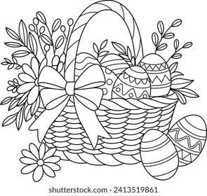 Easter wicker basket with a bow, flowers and painted eggs coloring book page