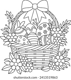 Easter wicker basket with a bow, flowers and painted eggs coloring book page