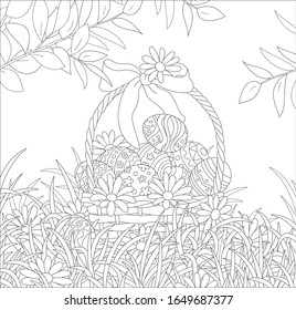 Cesta de mimbre de Semana Santa con arco, huevos pintados y flores, ilustración vectorial en blanco y negro para una página de libro de colores