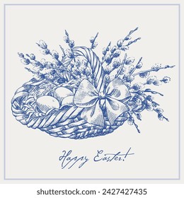 Easter Wicker basket with branches willows and eggs, bow. Holiday composition. Blue engraving sketch on beige background. Hand drawn illustration for greeting card,decoration