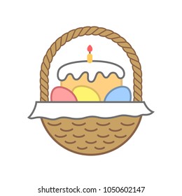 Easter wicker basket with bread or traditional cake, eggs, candle and napkin. Illustration for design, art, banner, emblem, greetings. Isolated on white background.