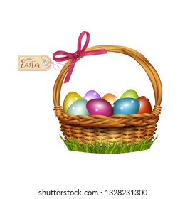 Easter wicker basket with colorful eggs. Vector illustration