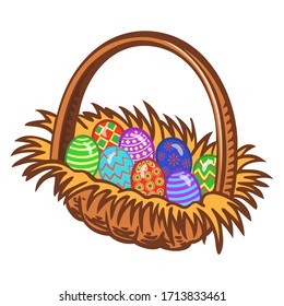 Easter wicker basket with colorful  eggs on a white background. Simple vector illustration.