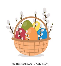 Cesta de vime de Páscoa com ovos coloridos e galhos de salgueiro. Elemento decorativo para design, cartão, convite, venda, banner.