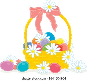 Easter wicker basket with colorfully painted eggs and white flowers, vector cartoon illustration on a white background